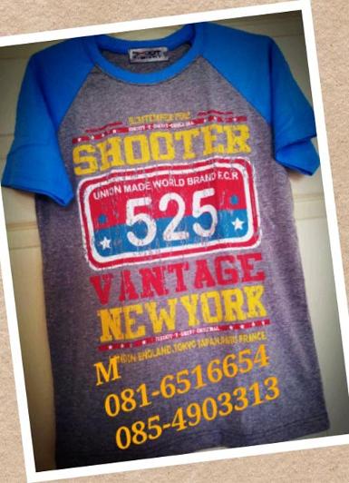 (2.12)Shoot เสื้อยืด ชาย-หญิง สีเทาลายแขนน้ำเงิน ลาย525 Size M เนื้อผ้าเบาสบาย ถูกกว่าที่หน้าร้าน